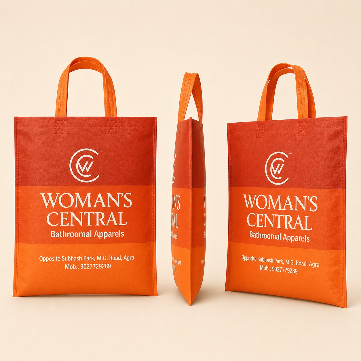 Orange printed carry bag for an apparel store by My Bag Pack