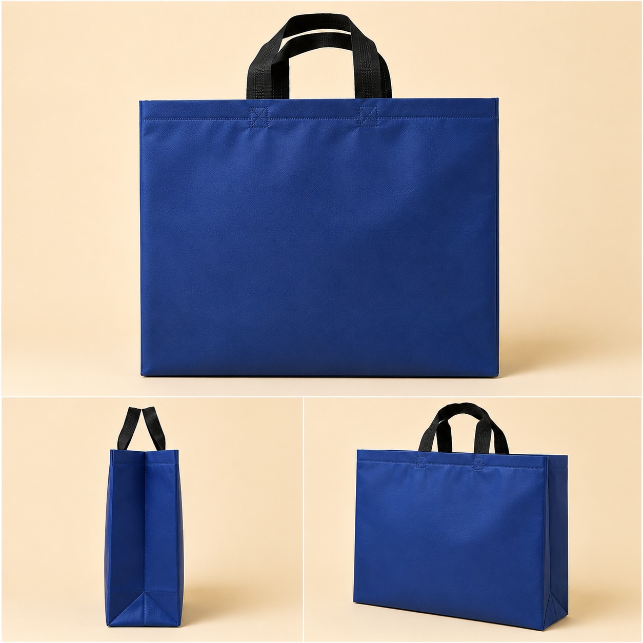 Plain navy blue box bag with black web handles by My Bag Pack