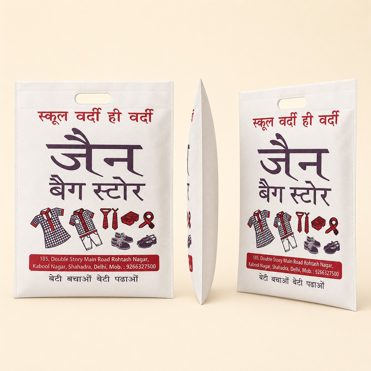 White non woven carry bag with die-cut handle printed for a retailer