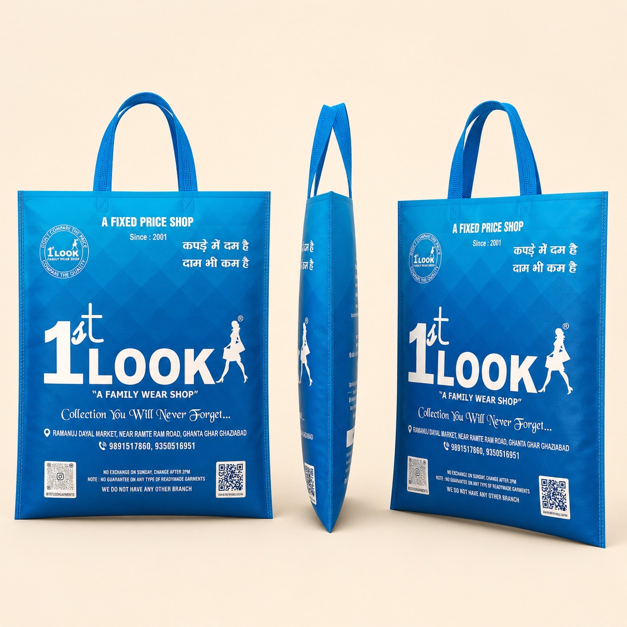 Blue family wear shop tote bag with web handles by My Bag Pack